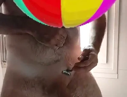 Handsome Mature Chubby with Big Fat Cock Shaving My Cock and Eggs in the Shower in Close-up
