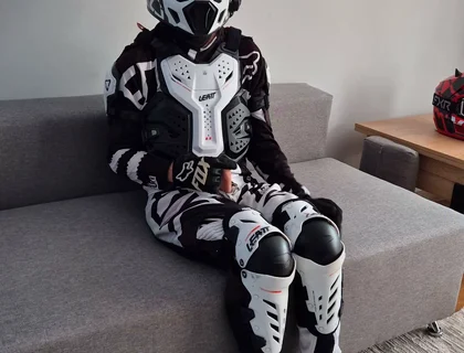 Motorcyclist in Gear Cum Hot on Himself
