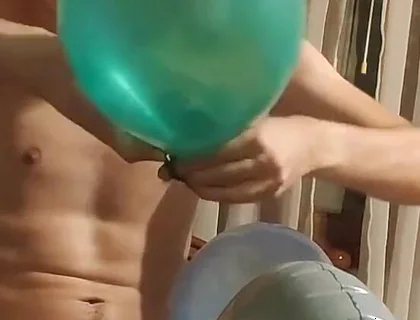 Blowing up Party Balloons on My Aqua Blue Inflatable Unicorn
