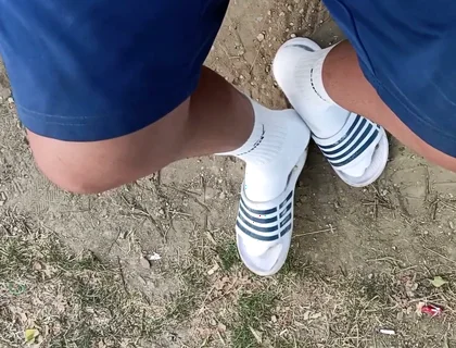 Making Socks Dirty in Slides - Used Socks and Slides and Uncut Soft Cock