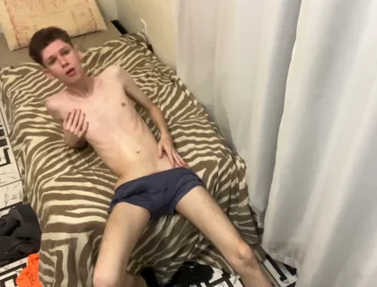 Skinny Twink Pumps Cock in Dim Bathroom Light