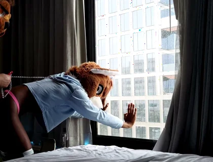 Bareback Femboy Furry Fursuit Fuck in Front of Window