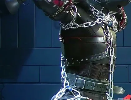 Furry Puppy in Thick Chains Corset, Armbinders & Stress Pose