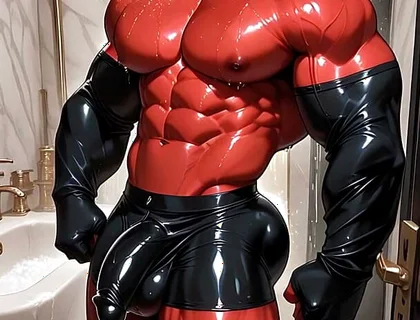 Oni Demon Solo Pumping with Condom Stretched Tight in Marble Bathroom