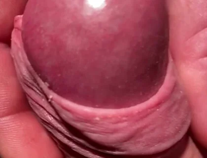 Edging His Big Cock Head with His Own Foreskin Until He Cums