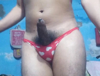 Young Indian Femboy Wearing His Step Sister's Red Bra and Panties While Jerking His Phimosis Dick Until Cum