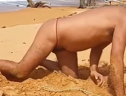 Ladysilva on the Beach Showing off His Hot Ass in Red Panties